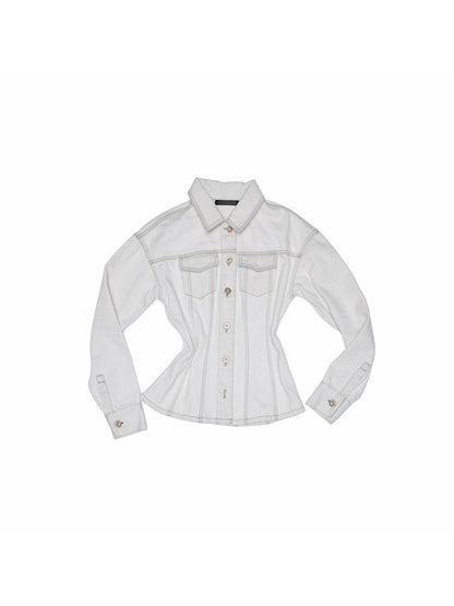 1JINN STUDIO Distressed White Cinched Waist Slimming Polo Collar Women&