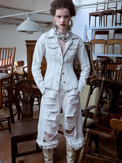1JINN STUDIO Distressed White Cinched Waist Slimming Polo Collar Women&