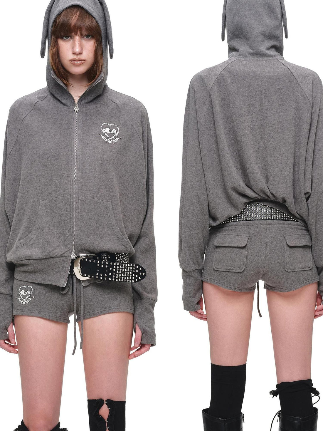 1JINN STUDIO Dog Ear Print Batwing Sleeve Hooded Women&