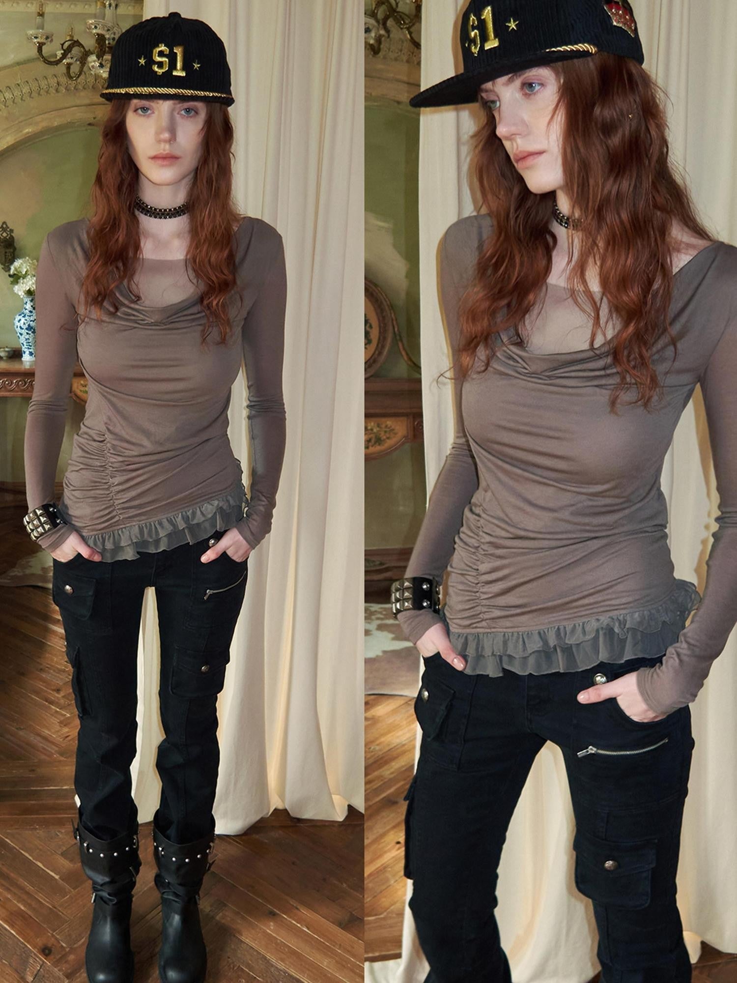1JINN STUDIO Drape Neck Double Layer Lace Side Ruching Women&