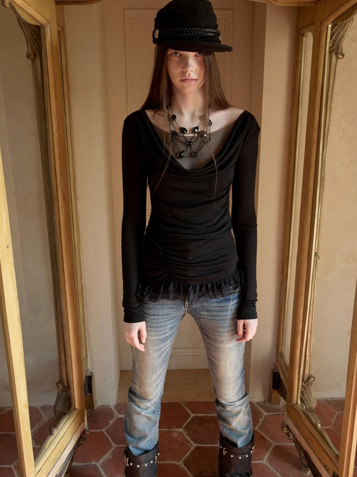 1JINN STUDIO Drape Neck Double Layer Lace Side Ruching Women&