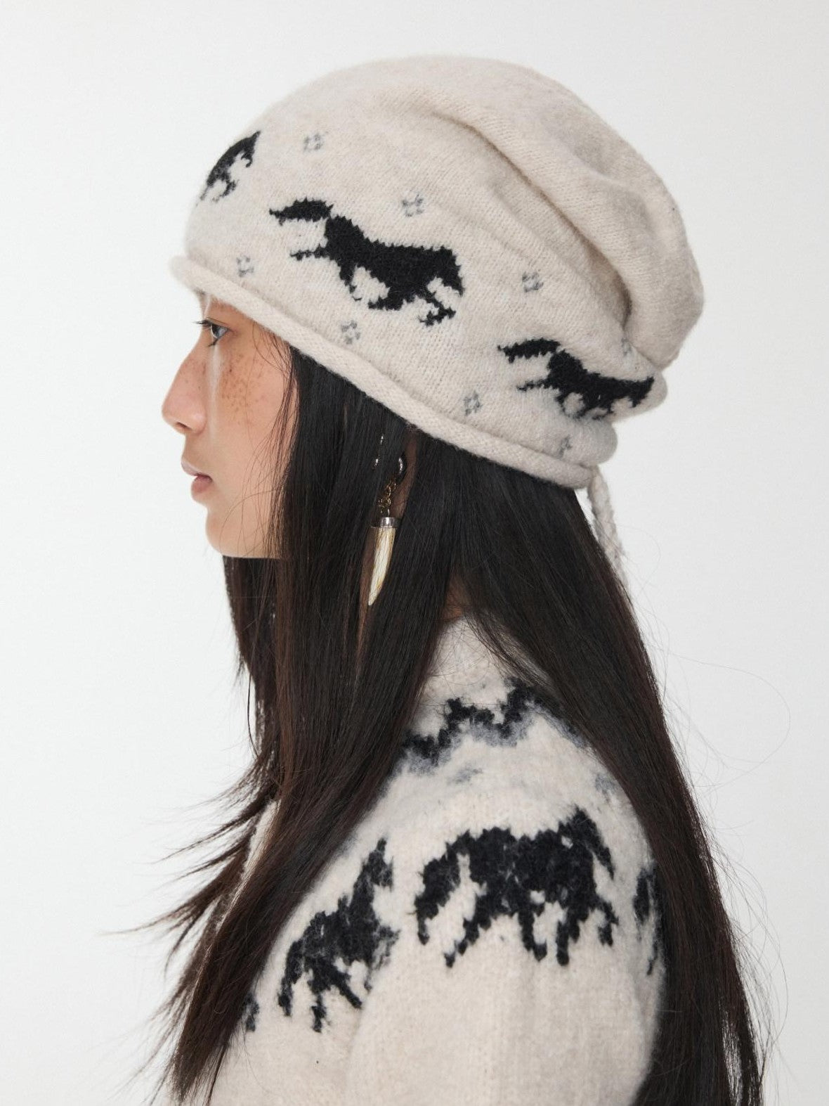 1JINN STUDIO Fair Isle Pony Jacquard Adjustable Drawstring Women&