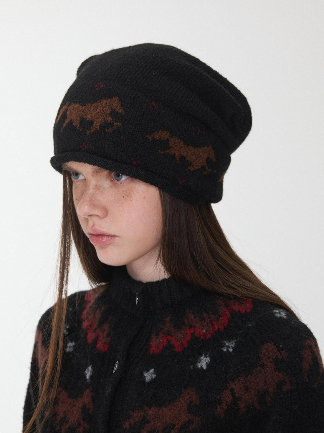 1JINN STUDIO Fair Isle Pony Jacquard Adjustable Drawstring Women&