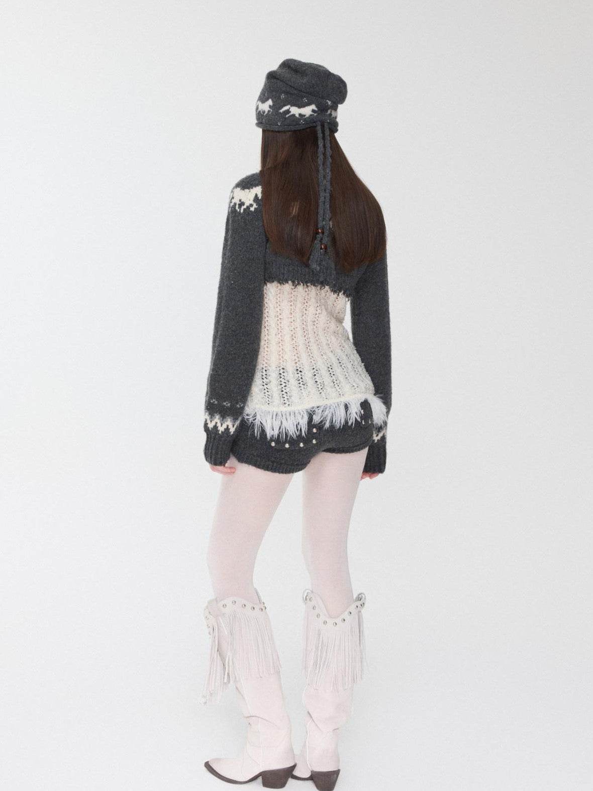 1JINN STUDIO Fair Isle Pony Jacquard Adjustable Drawstring Women&