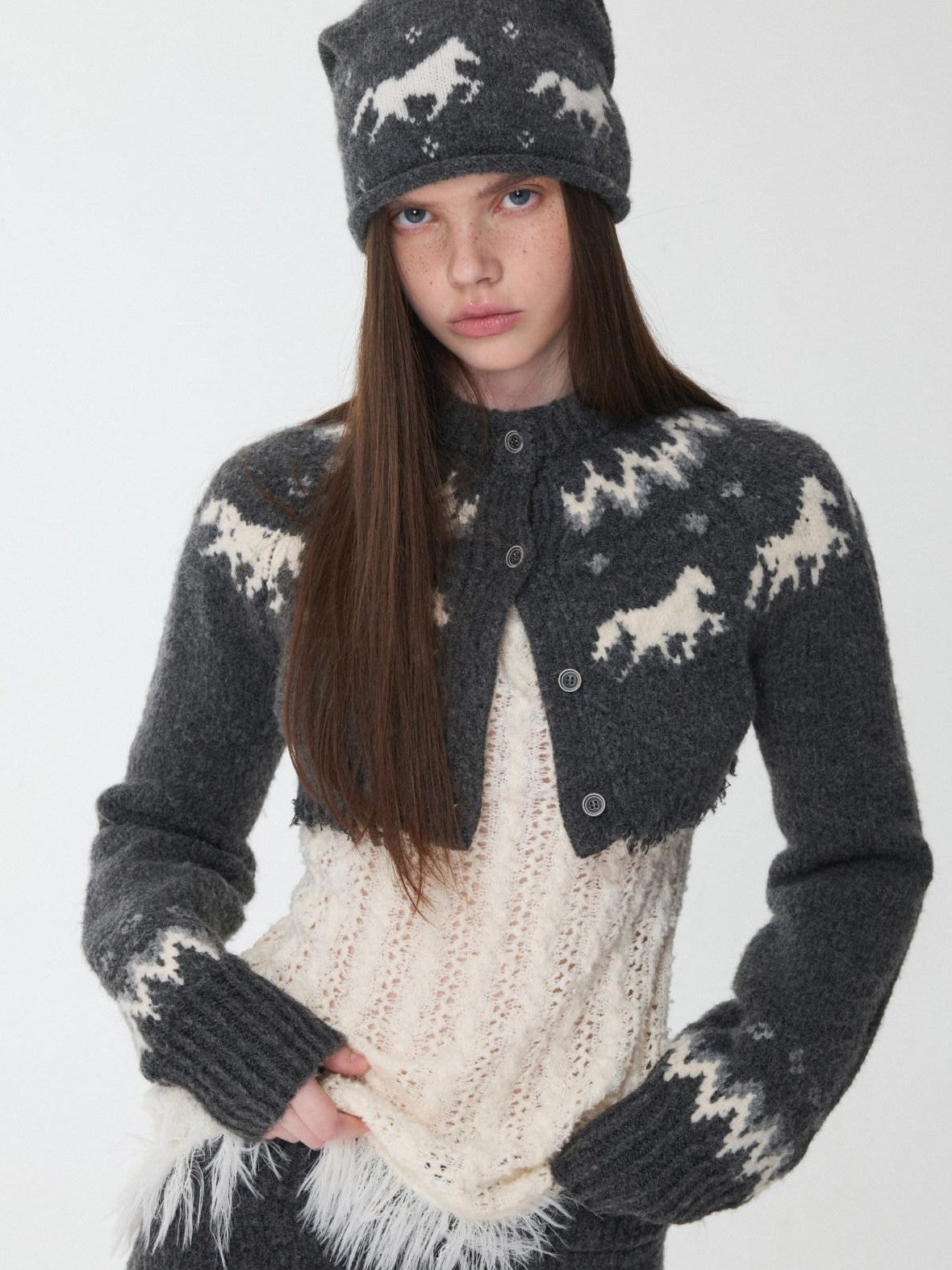 1JINN STUDIO Fair Isle Pony Jacquard Adjustable Drawstring Women&