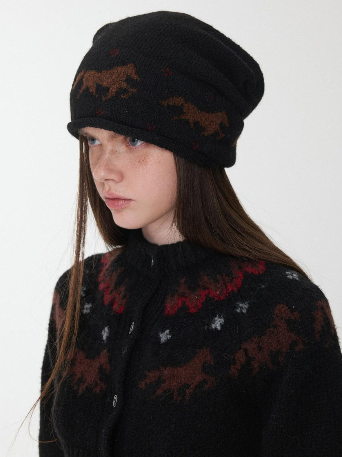 1JINN STUDIO Fair Isle Pony Jacquard Adjustable Drawstring Women&