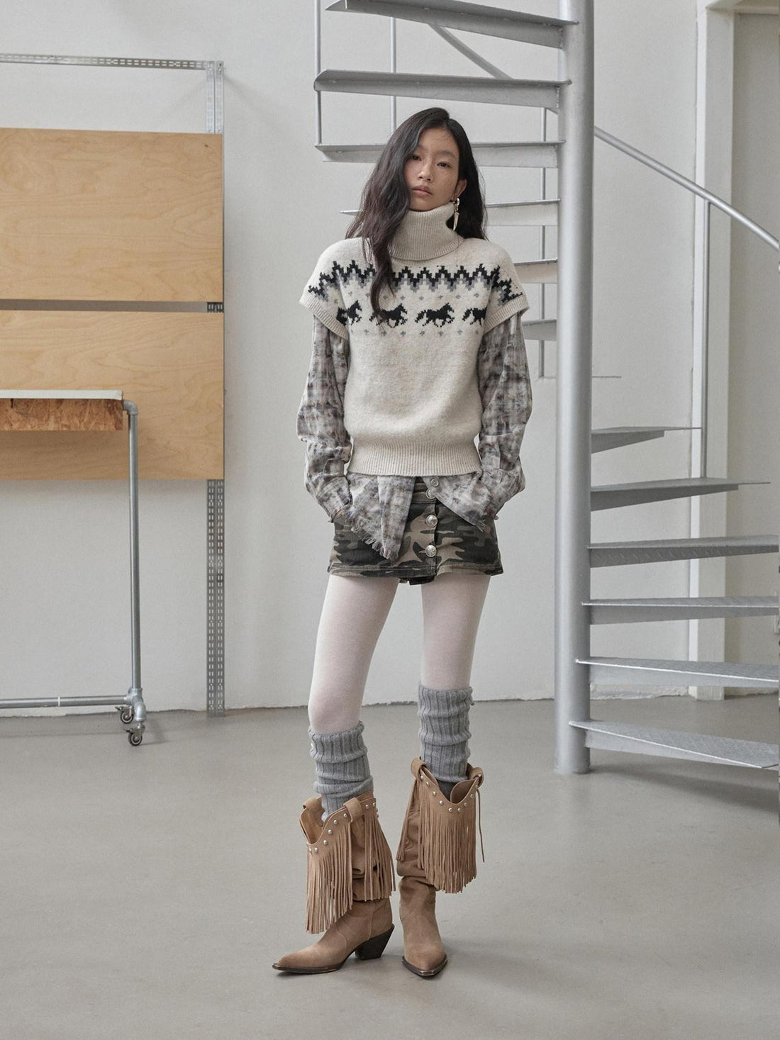 1JINN STUDIO Fair Isle Pony Jacquard High Neck Short Sleeve Women&