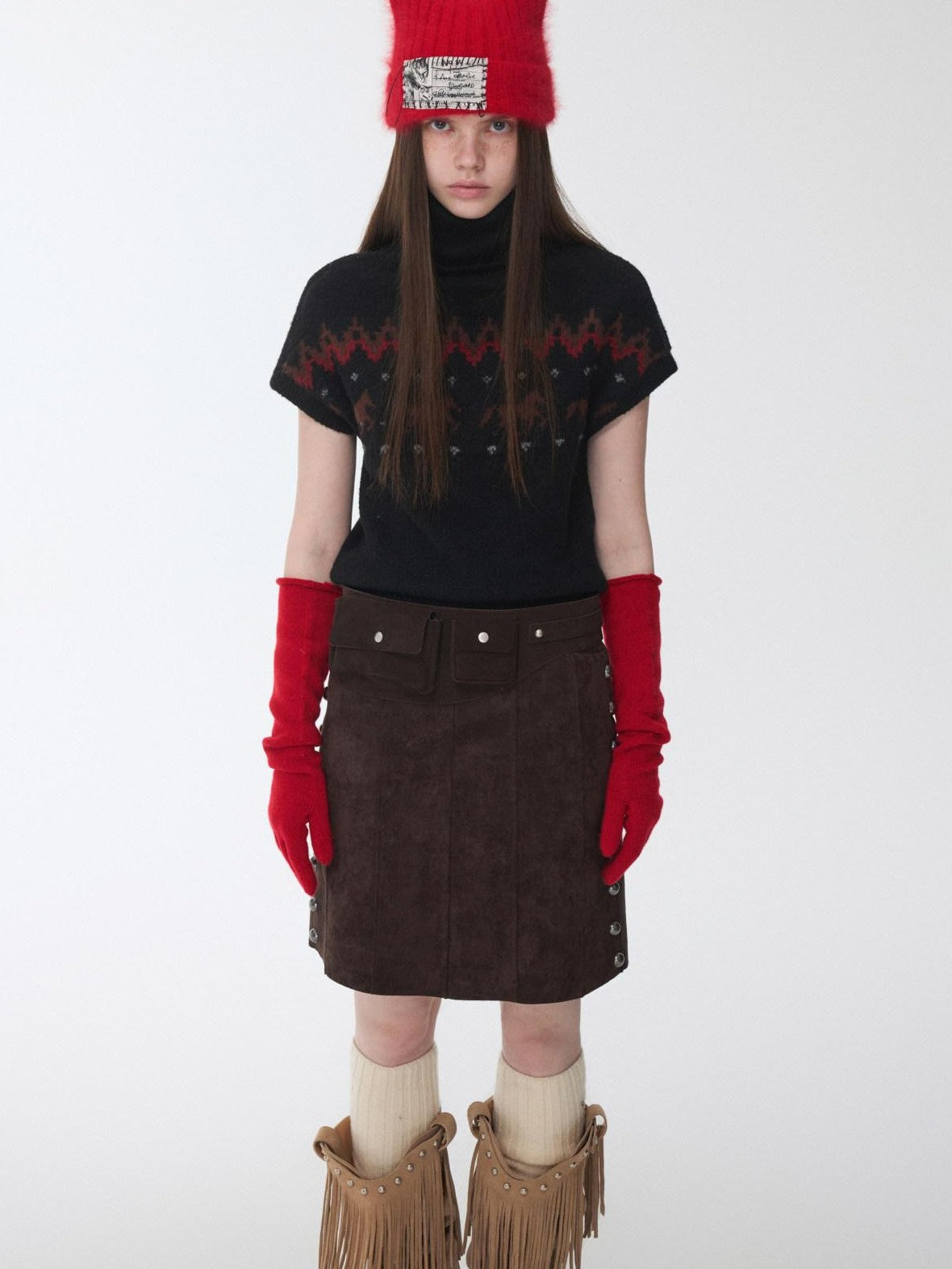 1JINN STUDIO Fair Isle Pony Jacquard High Neck Short Sleeve Women&