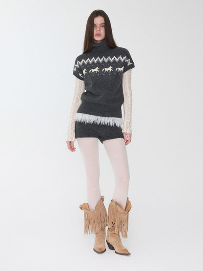 1JINN STUDIO Fair Isle Pony Jacquard High Neck Short Sleeve Women&