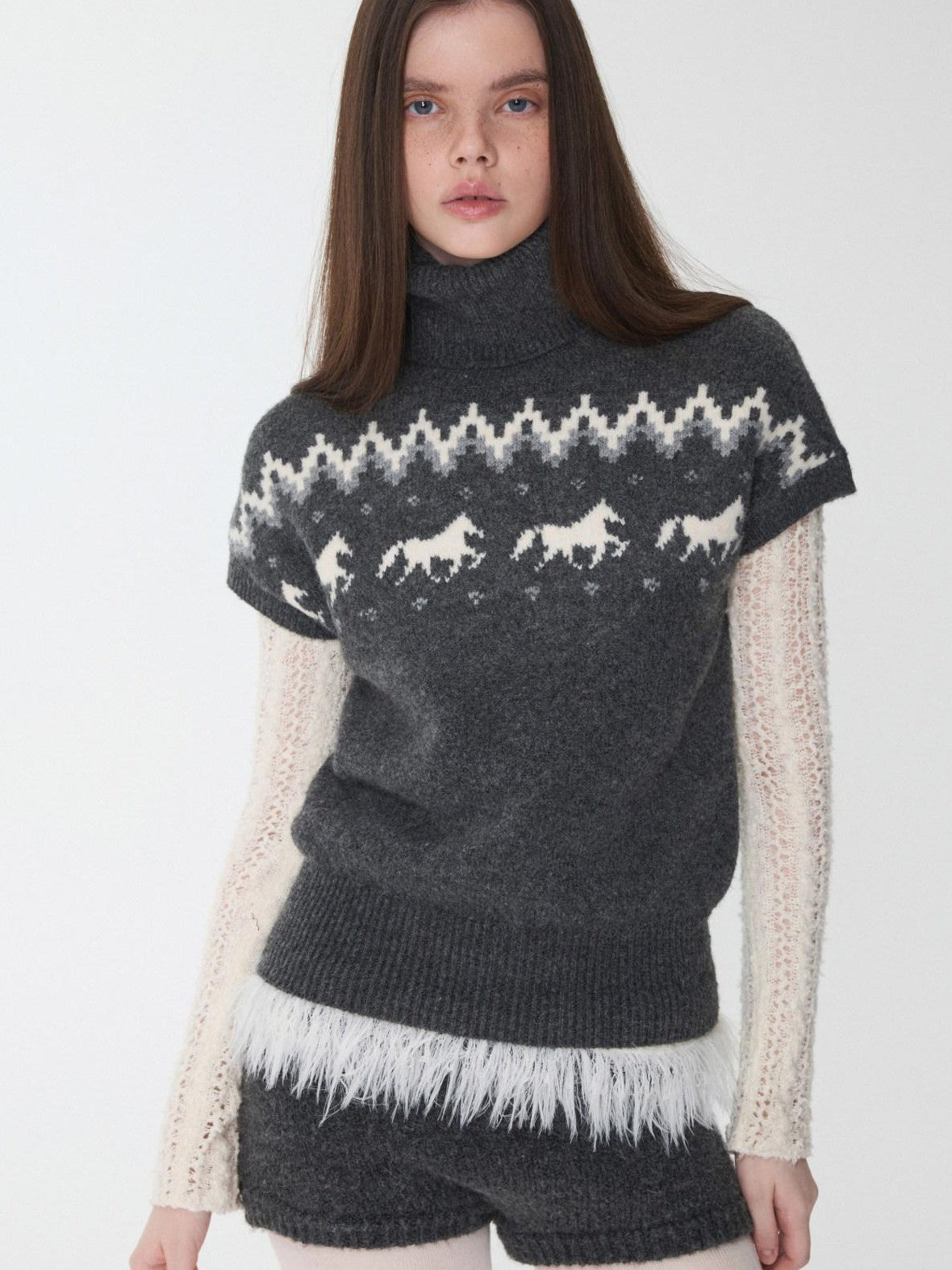 1JINN STUDIO Fair Isle Pony Jacquard High Neck Short Sleeve Women&
