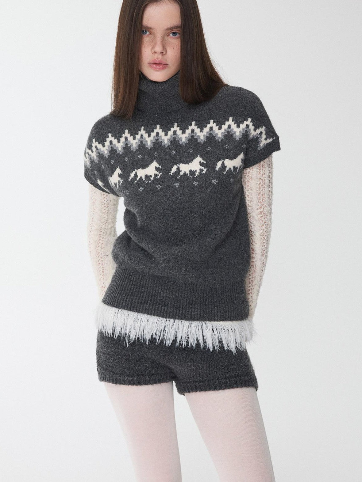 1JINN STUDIO Fair Isle Pony Jacquard High Neck Short Sleeve Women&