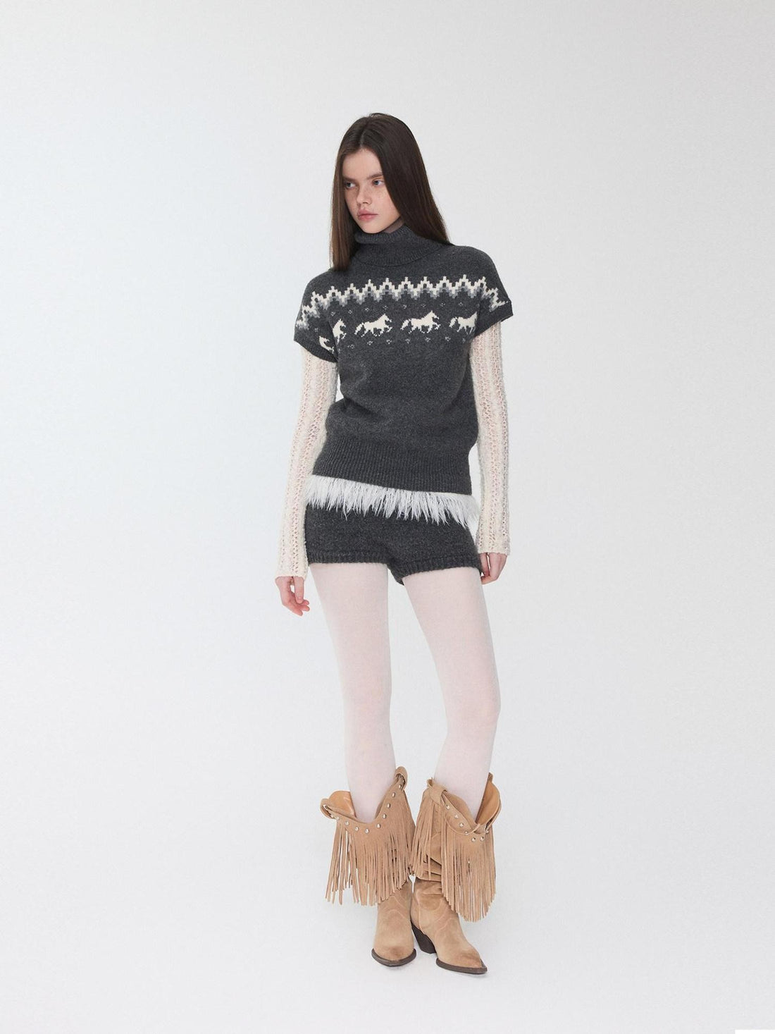 1JINN STUDIO Fair Isle Pony Jacquard High Neck Short Sleeve Women&