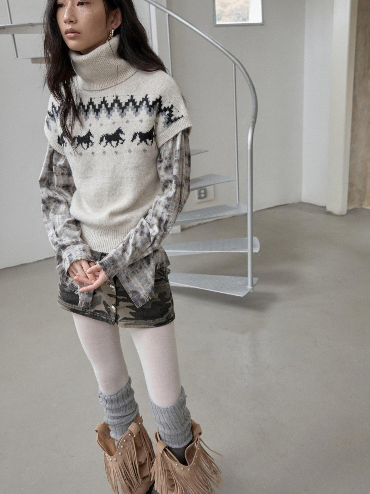1JINN STUDIO Fair Isle Pony Jacquard High Neck Short Sleeve Women&