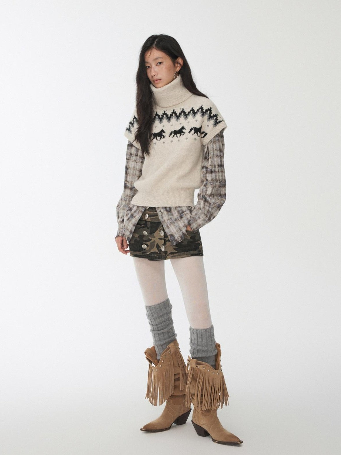 1JINN STUDIO Fair Isle Pony Jacquard High Neck Short Sleeve Women&