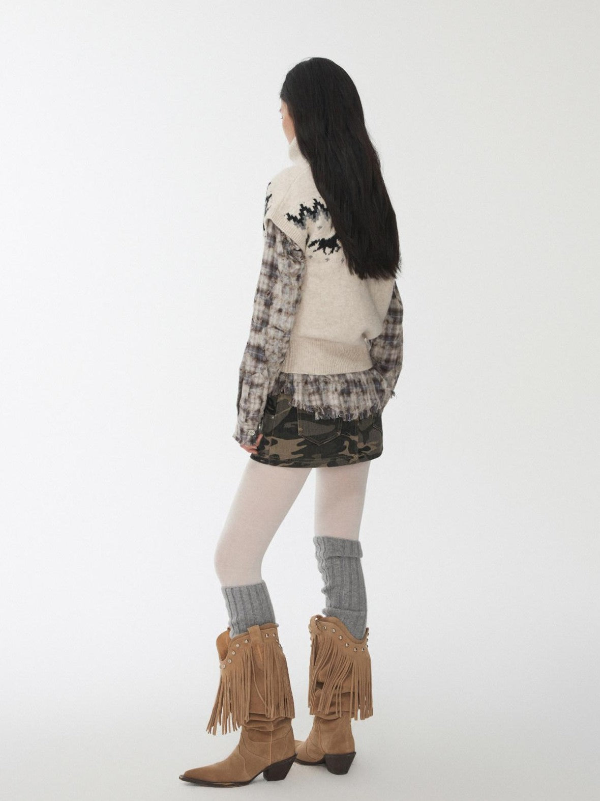 1JINN STUDIO Fair Isle Pony Jacquard High Neck Short Sleeve Women&