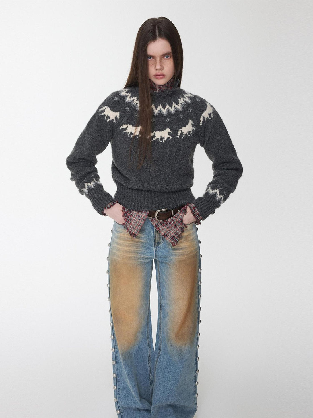 1JINN STUDIO Fair Isle Pony Raglan Frayed Neckline Women&