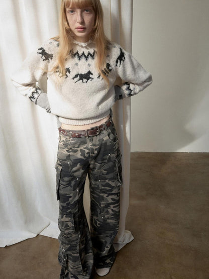 1JINN STUDIO Fair Isle Pony Raglan Frayed Neckline Women&