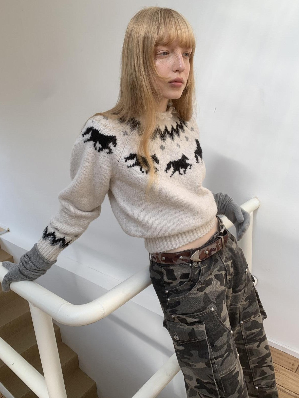 1JINN STUDIO Fair Isle Pony Raglan Frayed Neckline Women&