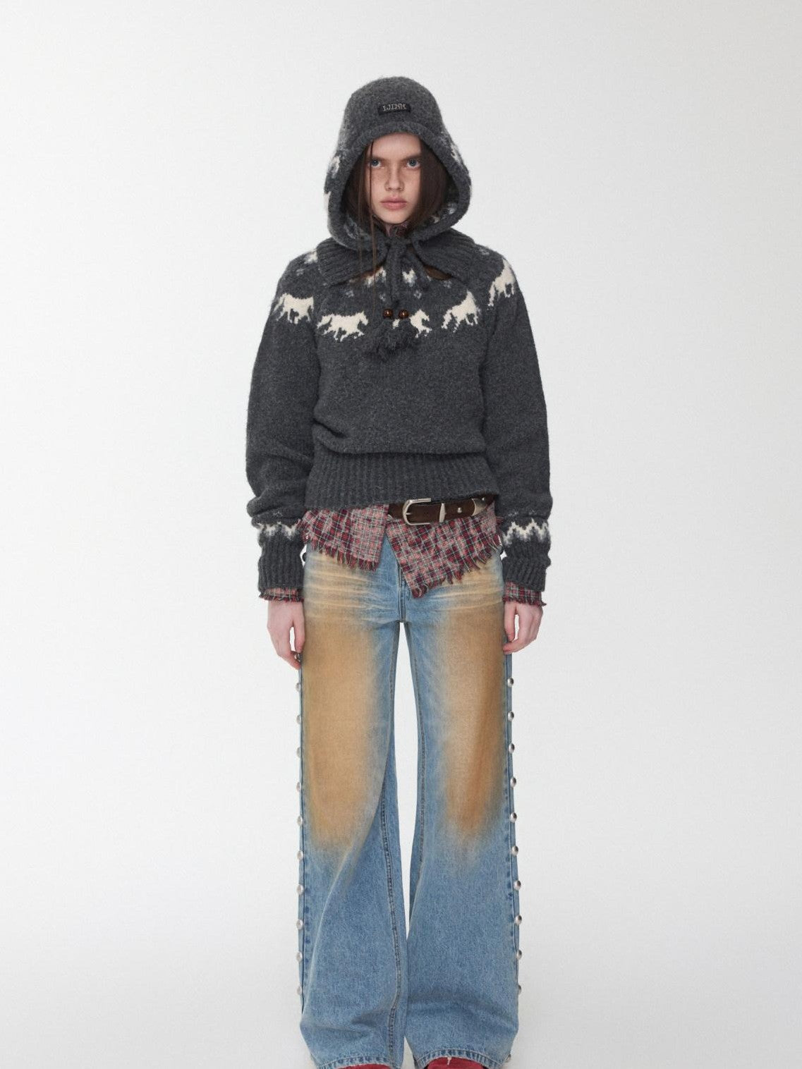 1JINN STUDIO Fair Isle Pony Raglan Frayed Neckline Women&