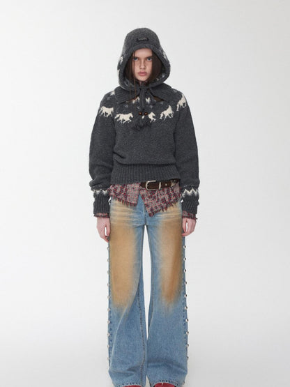 1JINN STUDIO Fair Isle Pony Raglan Frayed Neckline Women&