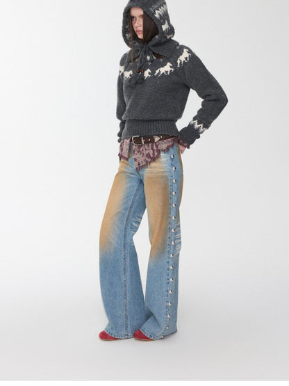 1JINN STUDIO Fair Isle Pony Raglan Frayed Neckline Women&