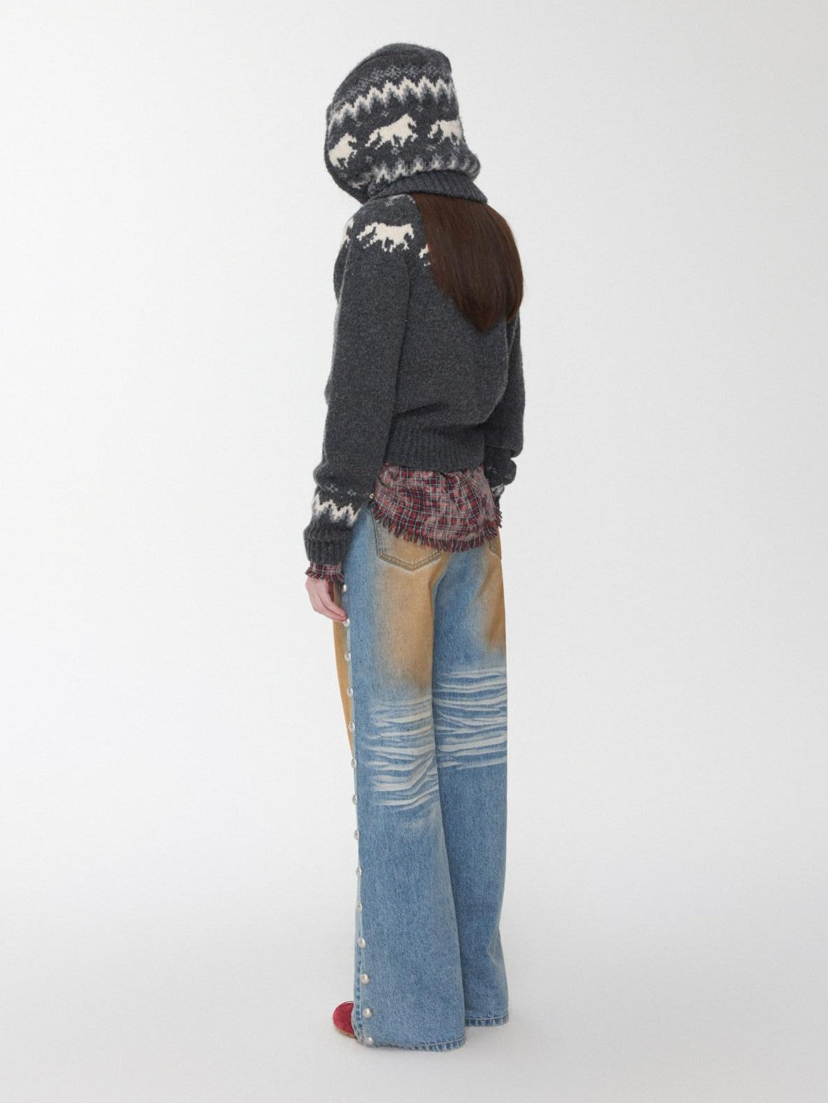 1JINN STUDIO Fair Isle Pony Raglan Frayed Neckline Women&