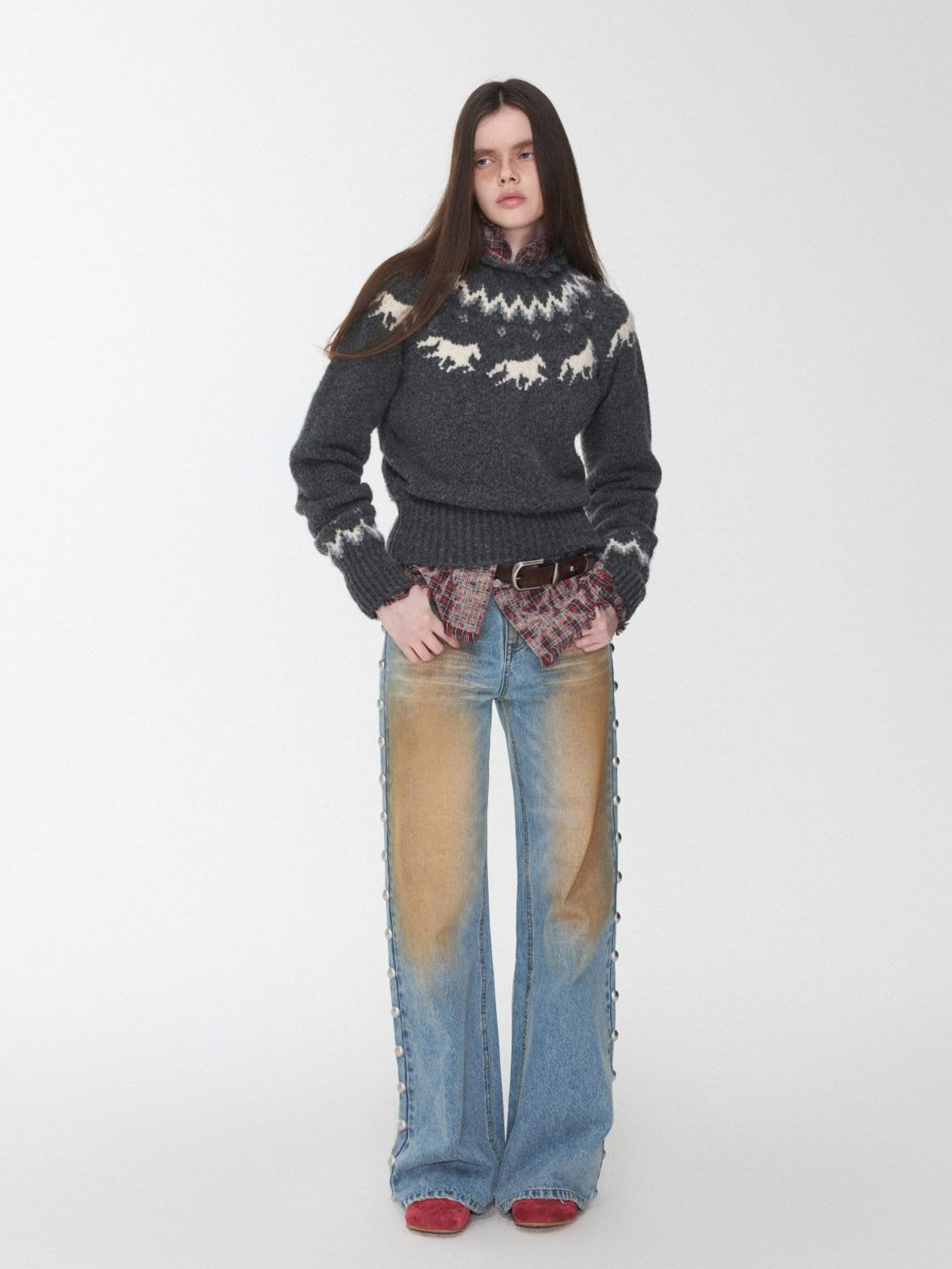 1JINN STUDIO Fair Isle Pony Raglan Frayed Neckline Women&