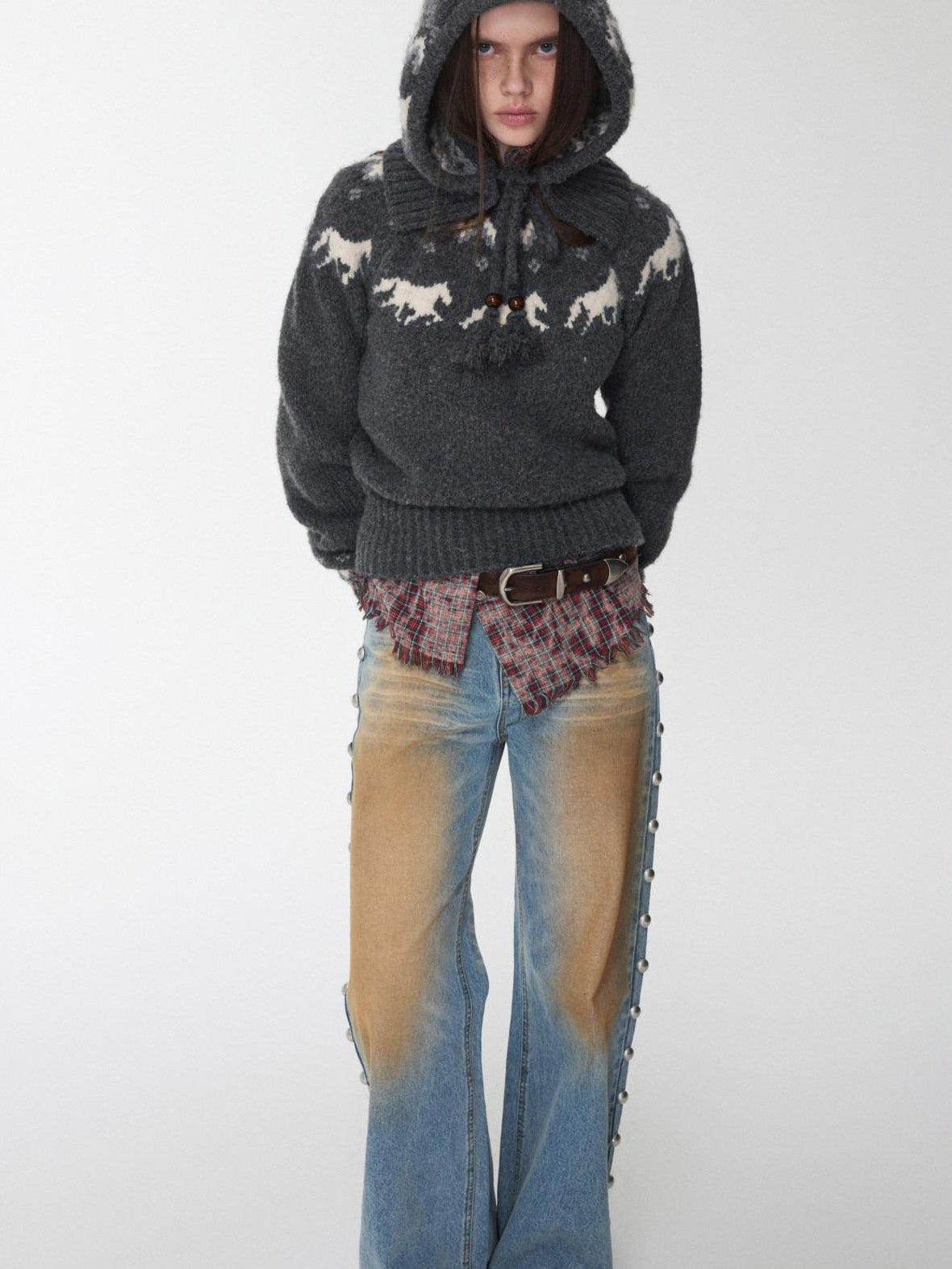 1JINN STUDIO Fair Isle Pony Raglan Frayed Neckline Women&