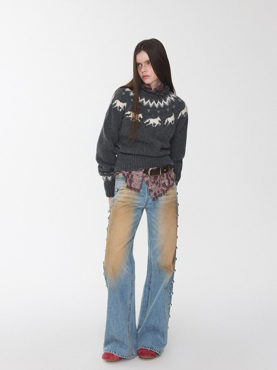 1JINN STUDIO Fair Isle Pony Raglan Frayed Neckline Women&