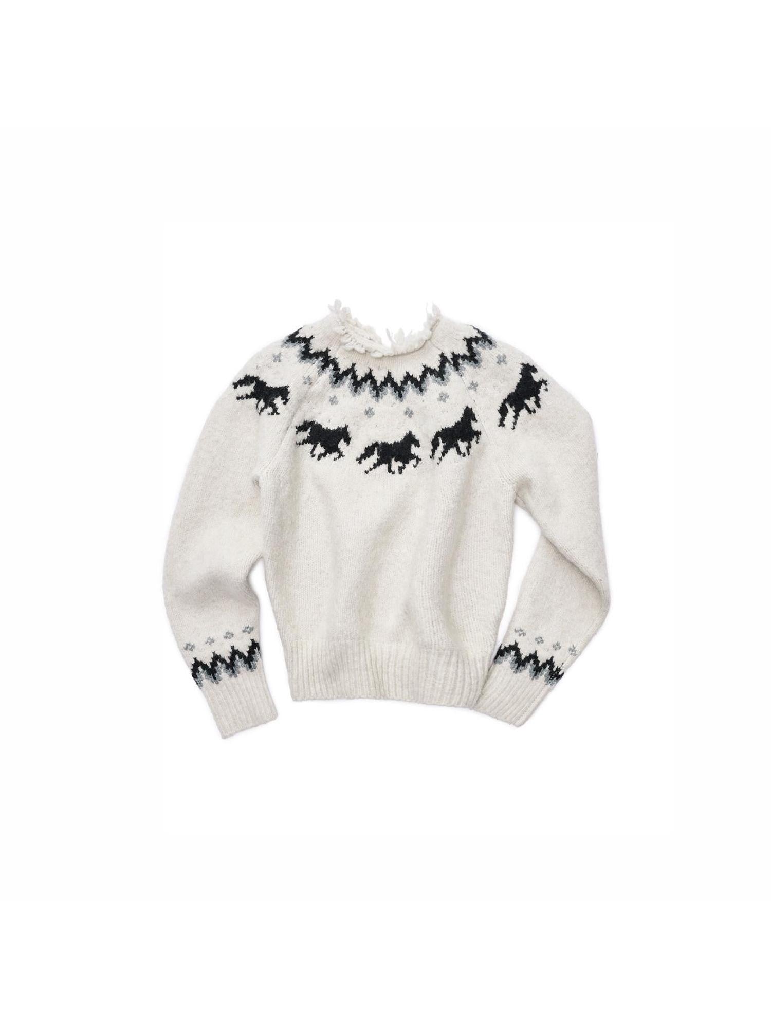 1JINN STUDIO Fair Isle Pony Raglan Frayed Neckline Women&