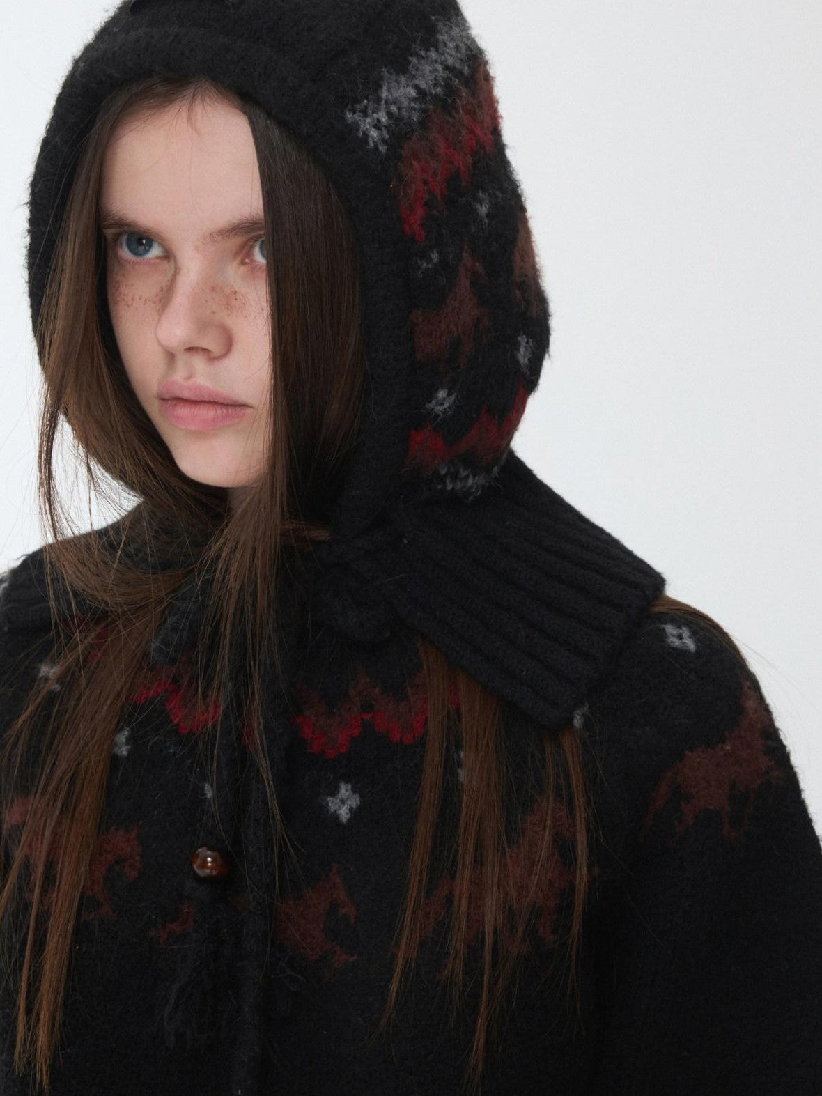 1JINN STUDIO Fair Isle Vintage Pony Jacquard Beaded Drawstring Women&