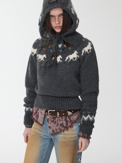 1JINN STUDIO Fair Isle Vintage Pony Jacquard Beaded Drawstring Women&