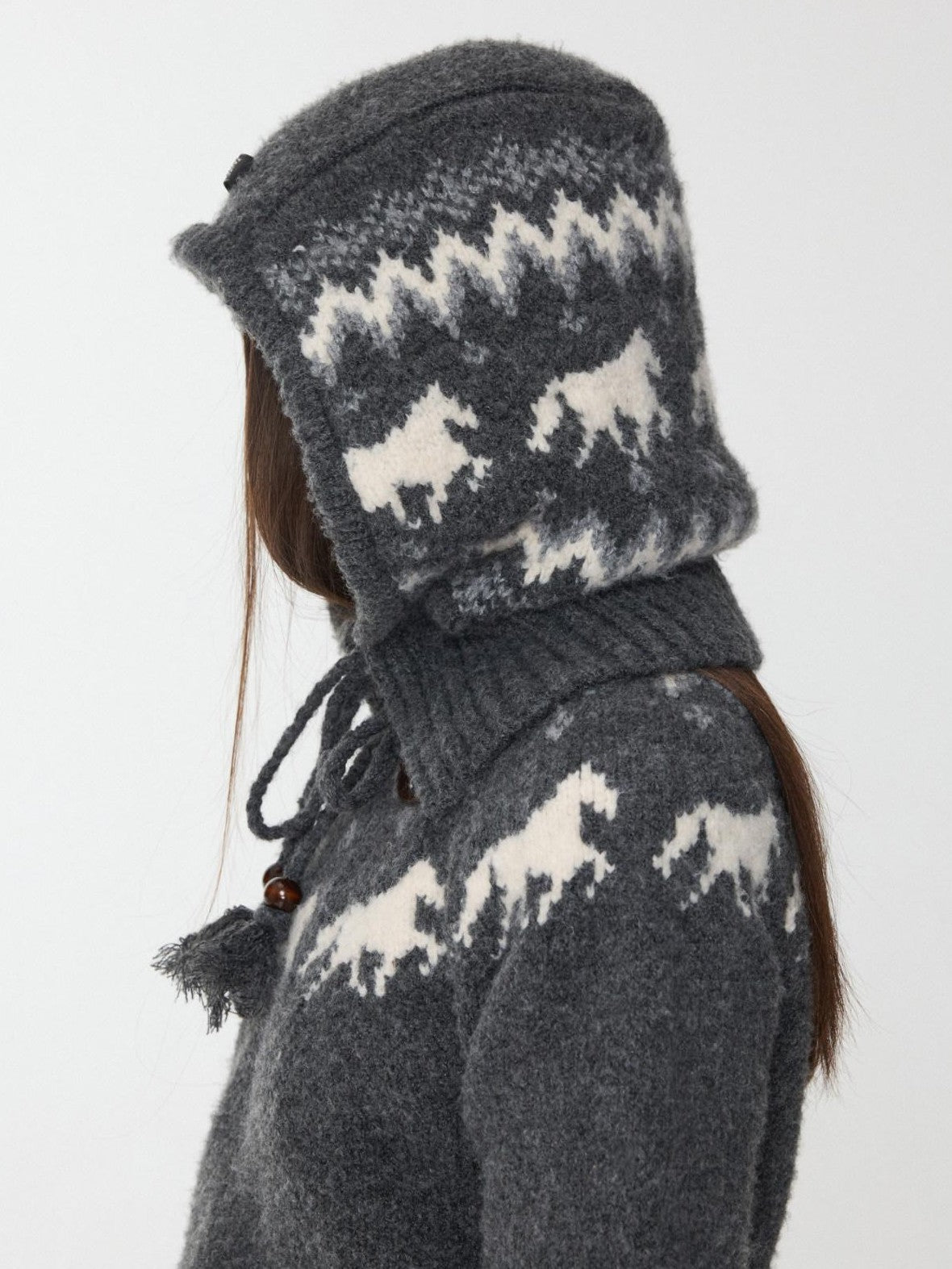 1JINN STUDIO Fair Isle Vintage Pony Jacquard Beaded Drawstring Women&