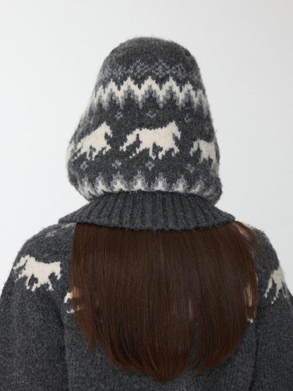 1JINN STUDIO Fair Isle Vintage Pony Jacquard Beaded Drawstring Women&