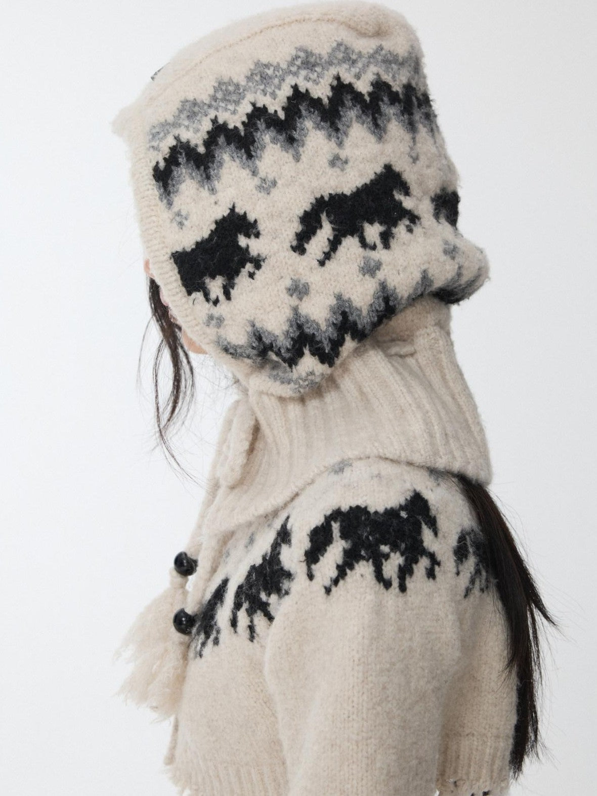 1JINN STUDIO Fair Isle Vintage Pony Jacquard Beaded Drawstring Women&