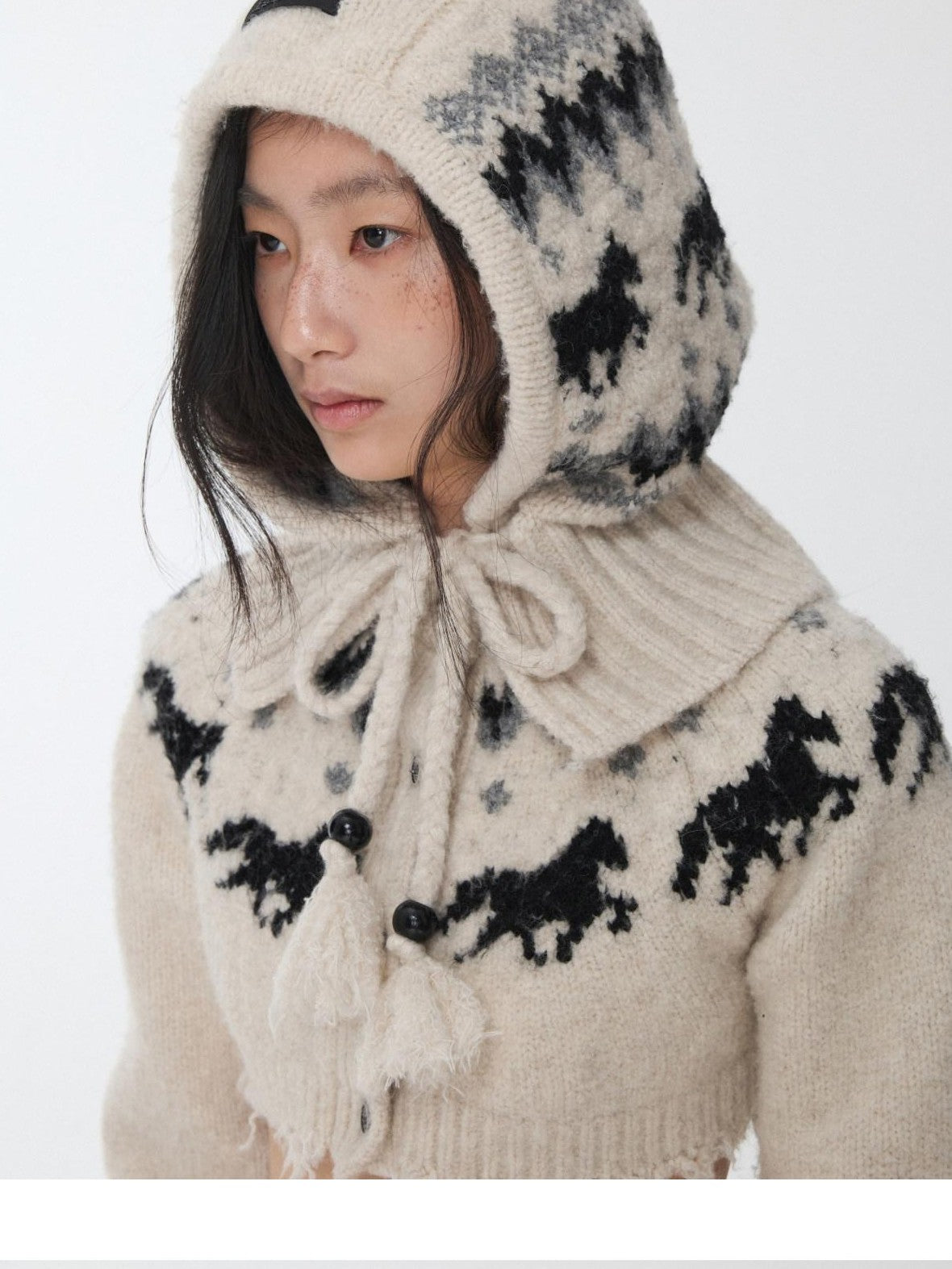 1JINN STUDIO Fair Isle Vintage Pony Jacquard Beaded Drawstring Women&
