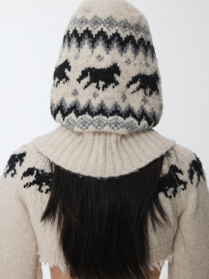 1JINN STUDIO Fair Isle Vintage Pony Jacquard Beaded Drawstring Women&