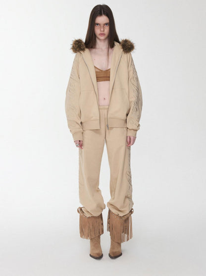 1JINN STUDIO Faux Fur Collar Script Embroidered Women&