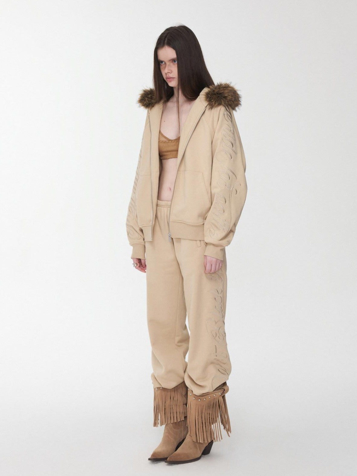 1JINN STUDIO Faux Fur Collar Script Embroidered Women&