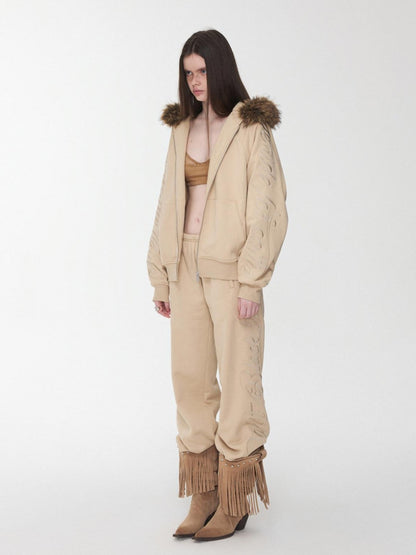 1JINN STUDIO Faux Fur Collar Script Embroidered Women&