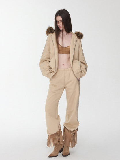 1JINN STUDIO Faux Fur Collar Script Embroidered Women&