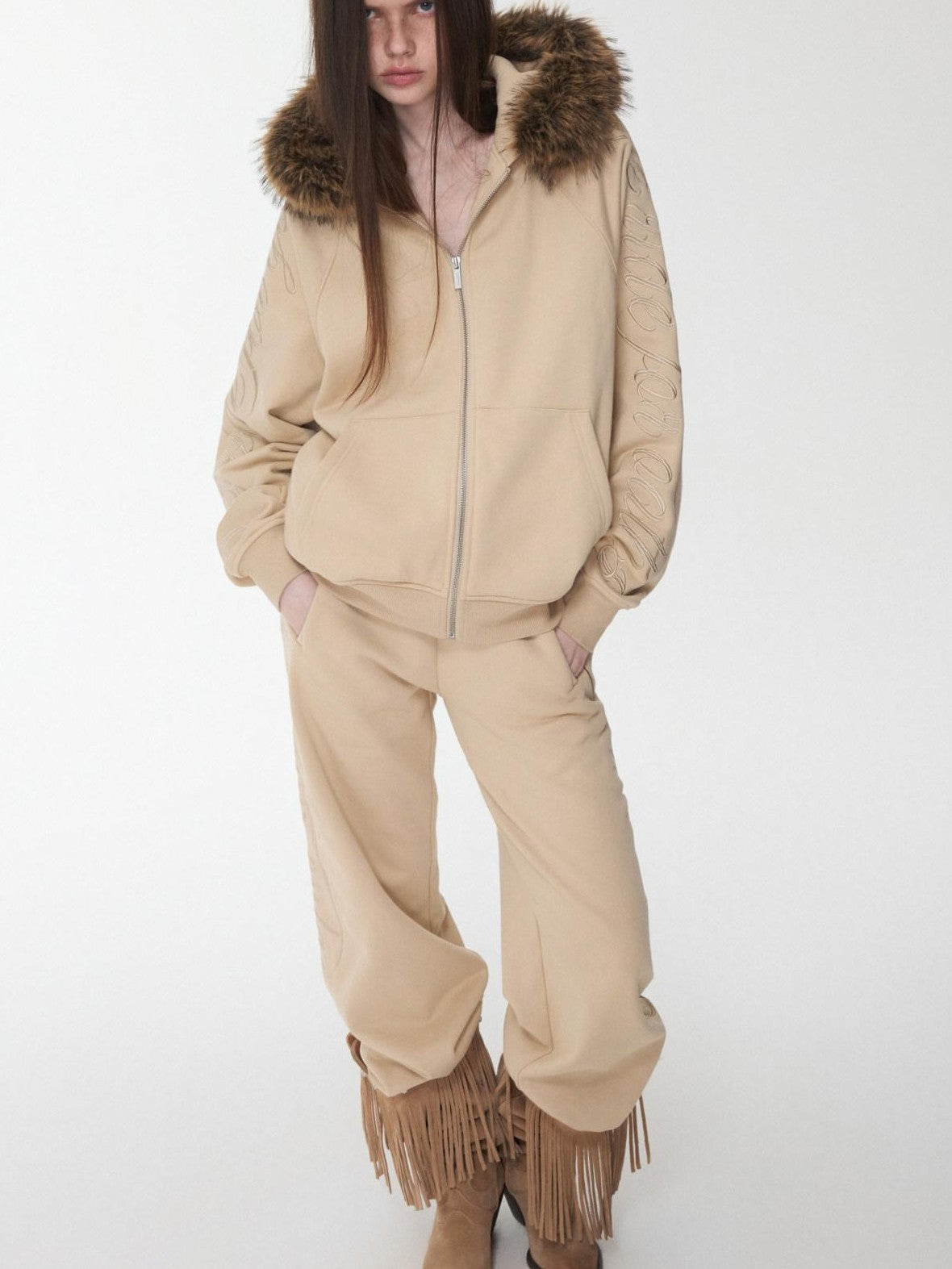 1JINN STUDIO Faux Fur Collar Script Embroidered Women&