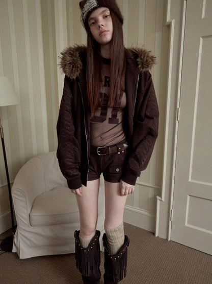 1JINN STUDIO Faux Fur Collar Script Embroidered Women&