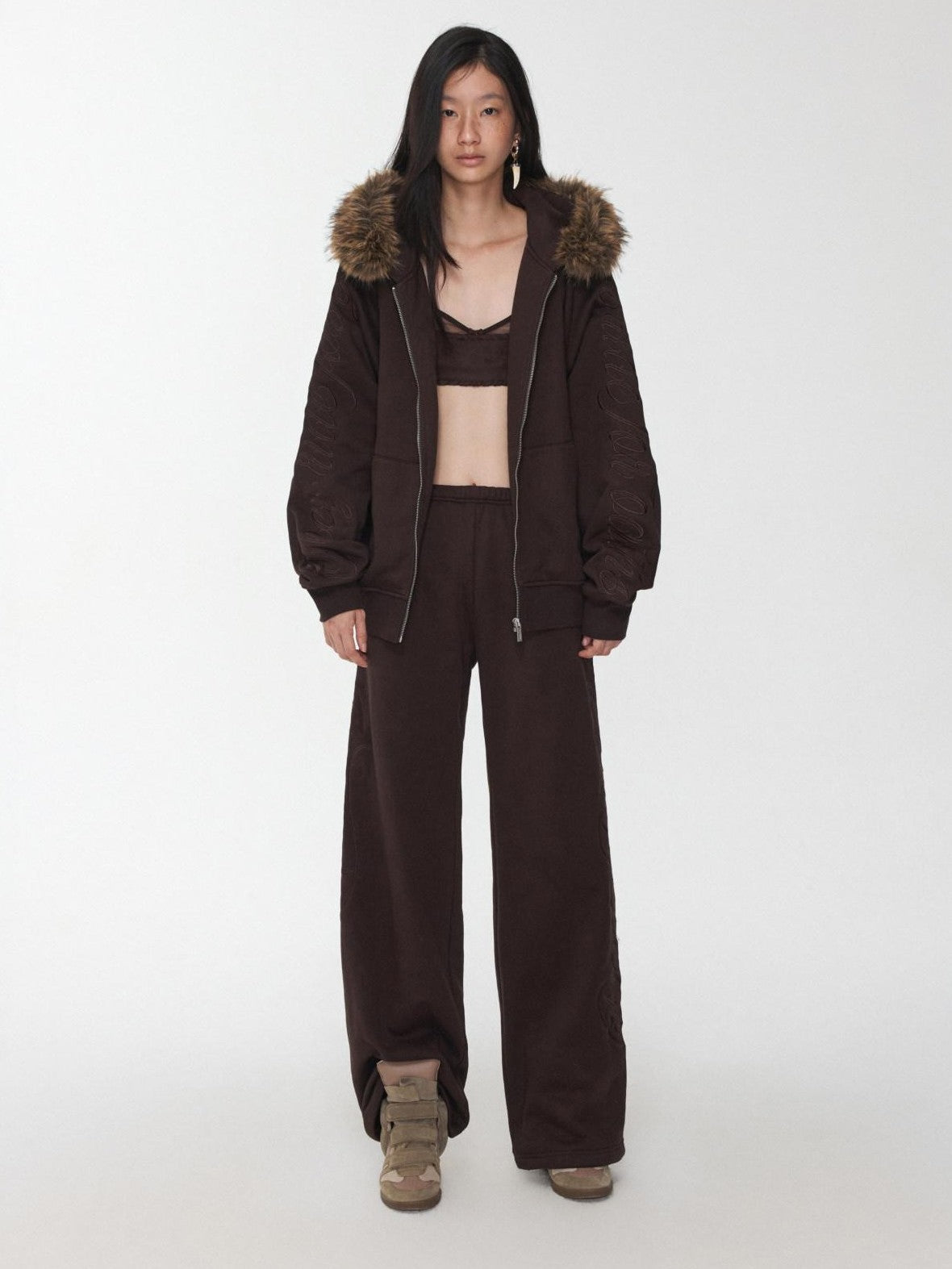 1JINN STUDIO Faux Fur Collar Script Embroidered Women&