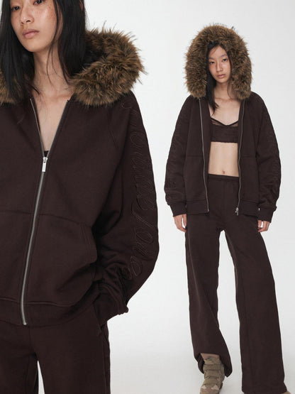 1JINN STUDIO Faux Fur Collar Script Embroidered Women&