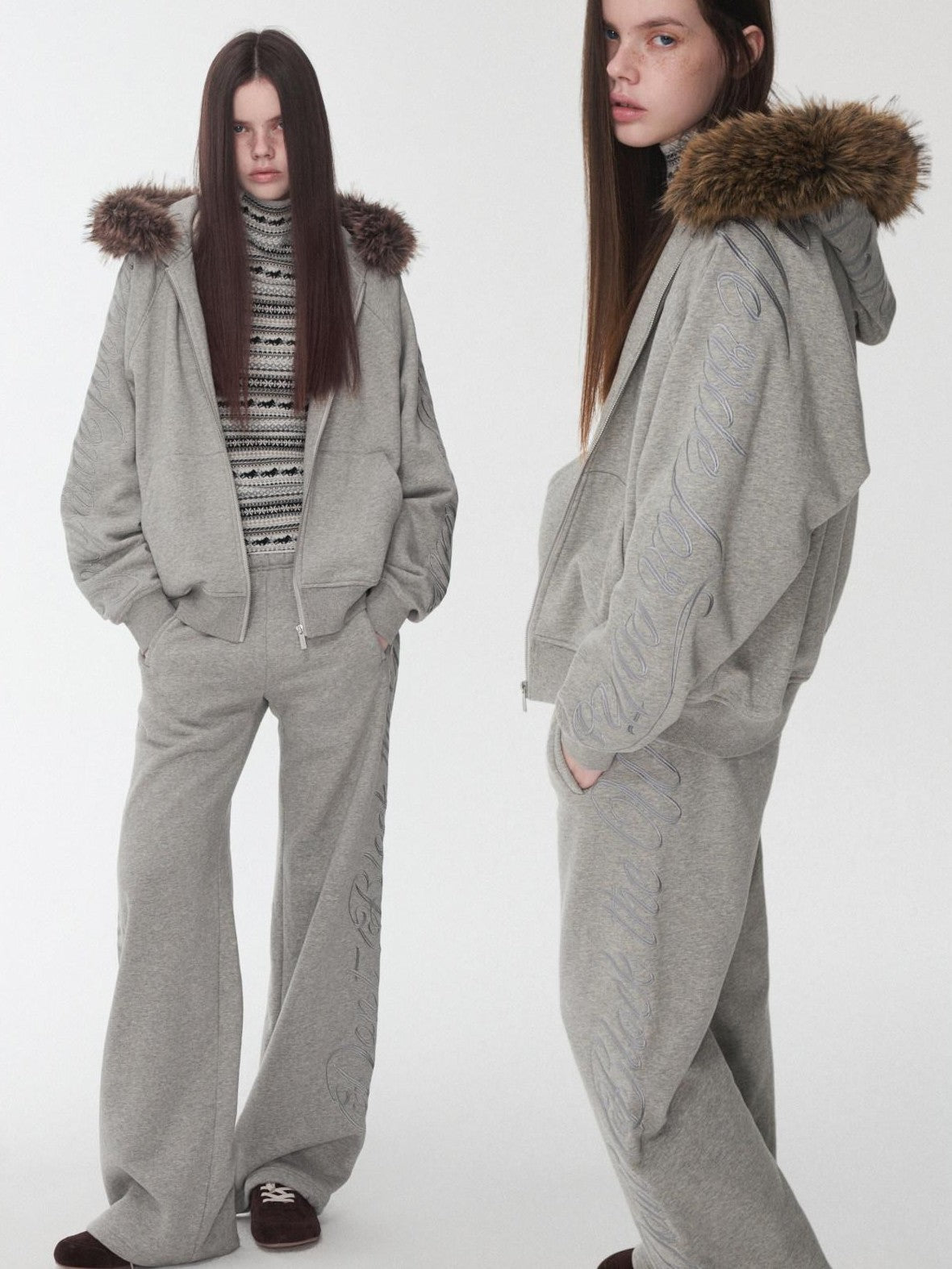 1JINN STUDIO Faux Fur Collar Script Embroidered Women&