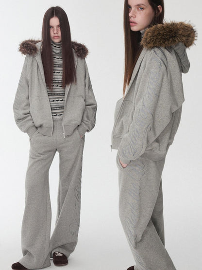 1JINN STUDIO Faux Fur Collar Script Embroidered Women&