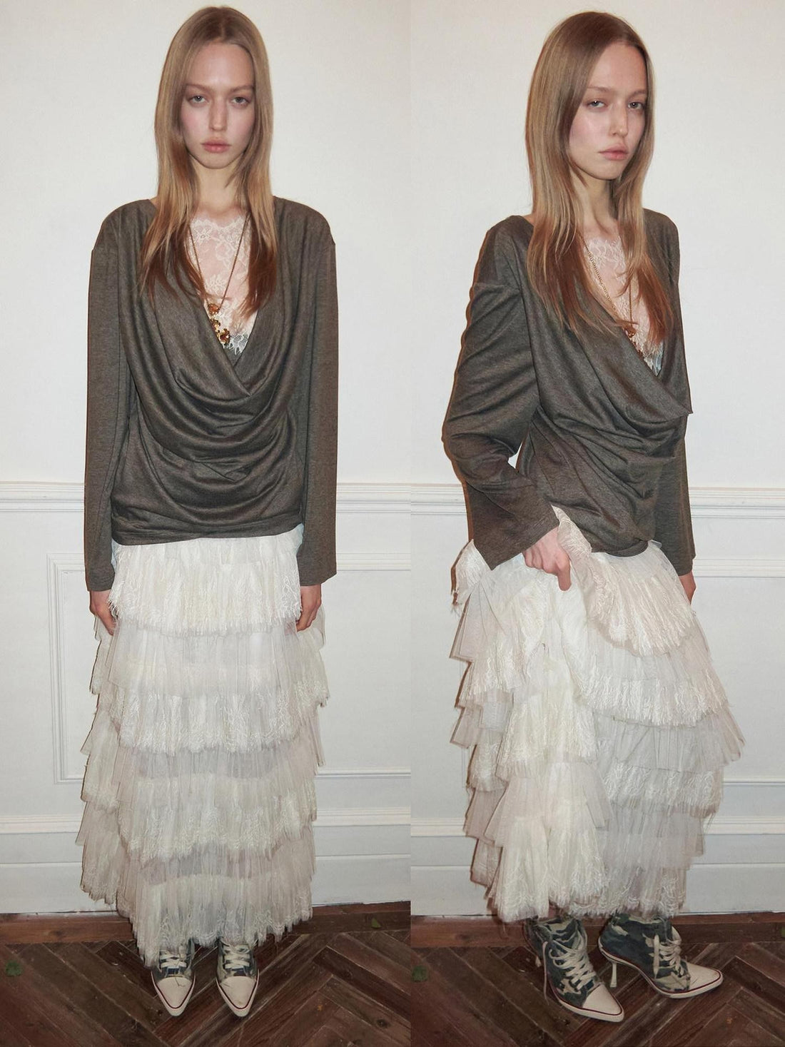 1JINN STUDIO Faux Layered Lace Splice Slim Drape Neck Two Way Women&