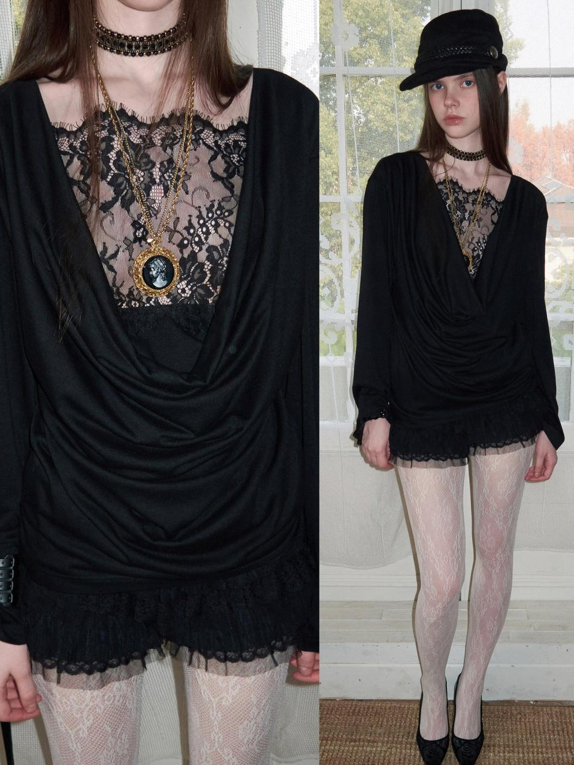 1JINN STUDIO Faux Layered Lace Splice Slim Drape Neck Two Way Women&