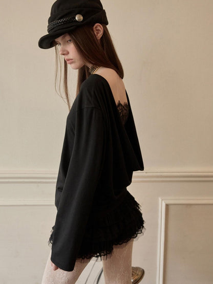 1JINN STUDIO Faux Layered Lace Splice Slim Drape Neck Two Way Women&